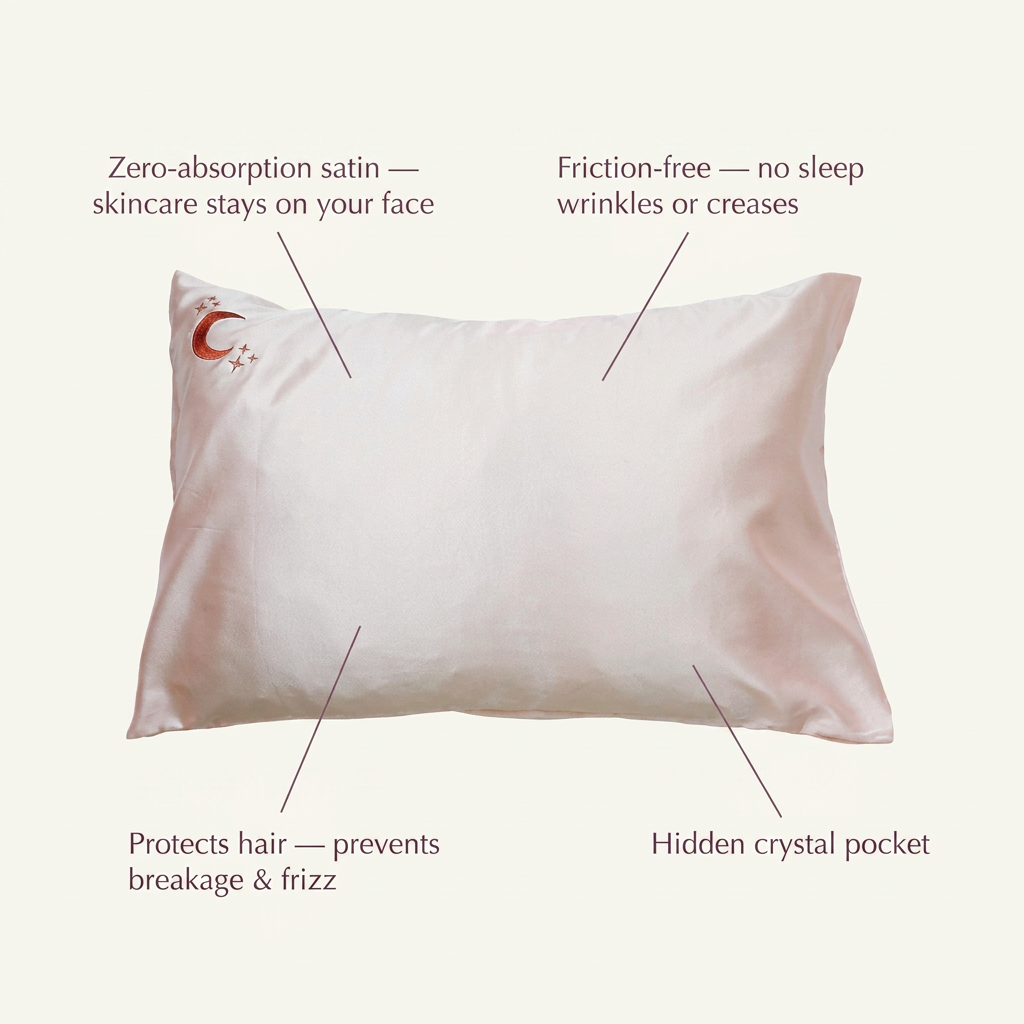 Crystal Dreams satin pillowcase benefits: zero-absorption satin, friction-free sleep, hidden crystal pocket, hair protection
